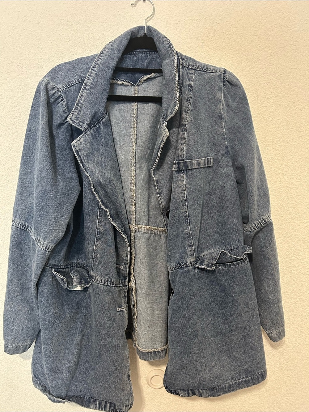 Light Wash Denim Jacket with Feminine Ruffle Details